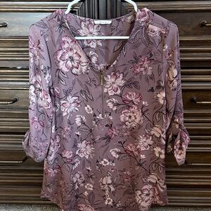 Maurices Floral Zip-Front Blouse - Purple and Pink